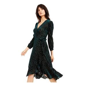 Calvin Klein Velvet Burnout Wrap Dress Green Womens 8 Elegant 3/4 Sleeve Ruffle